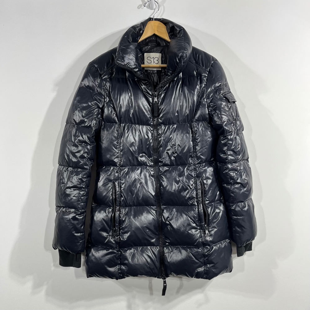 S13 New York Womens Down Puffer Jacket Parka‎ Black High Shine Quilted Medium